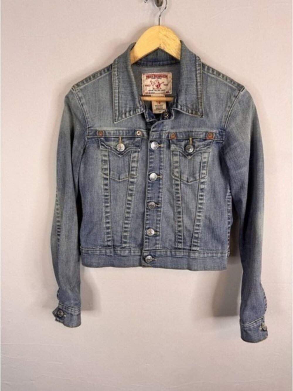 True Religion Section Emily Light Wash Cropped Denim Jacket Women Small